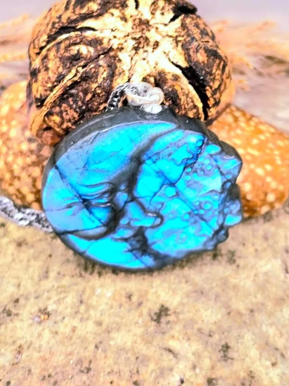 Labradorite Crescent Moon Carved Pendant Flashy Crystal Necklace 1.3 Inch